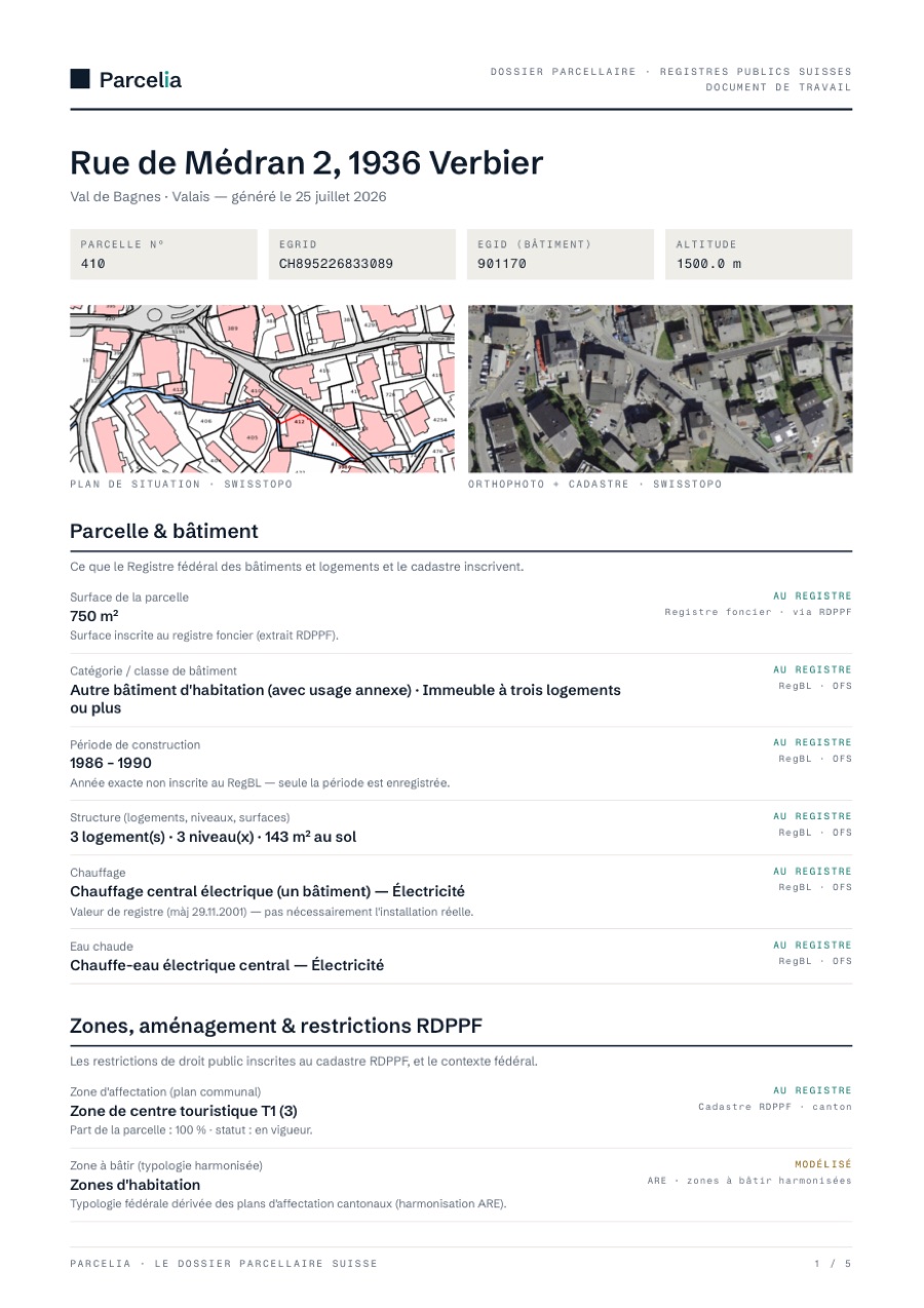 Page 1 du dossier parcellaire — Identifiants, cartes, bâtiment