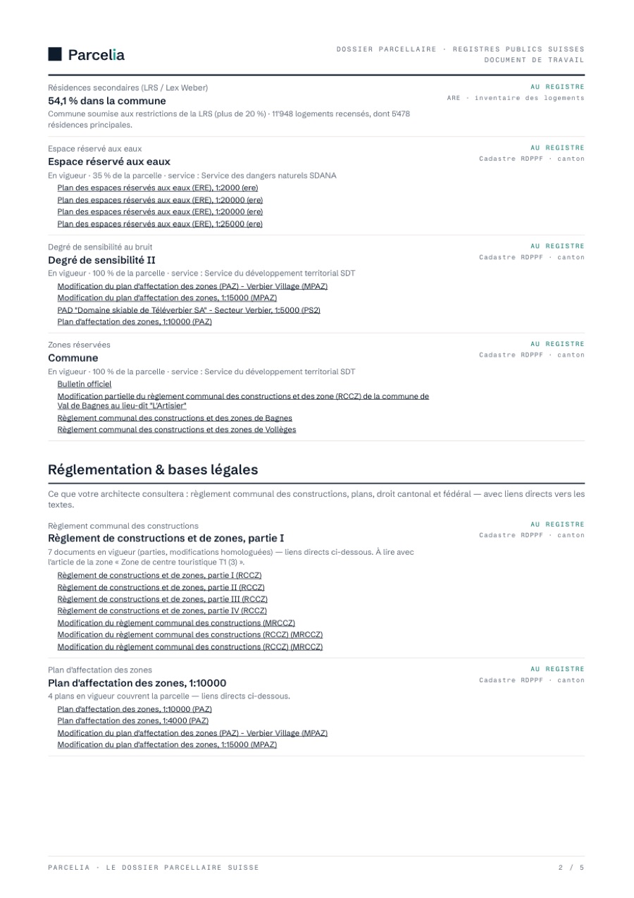 Page 2 du dossier parcellaire — Restrictions et règlements liés